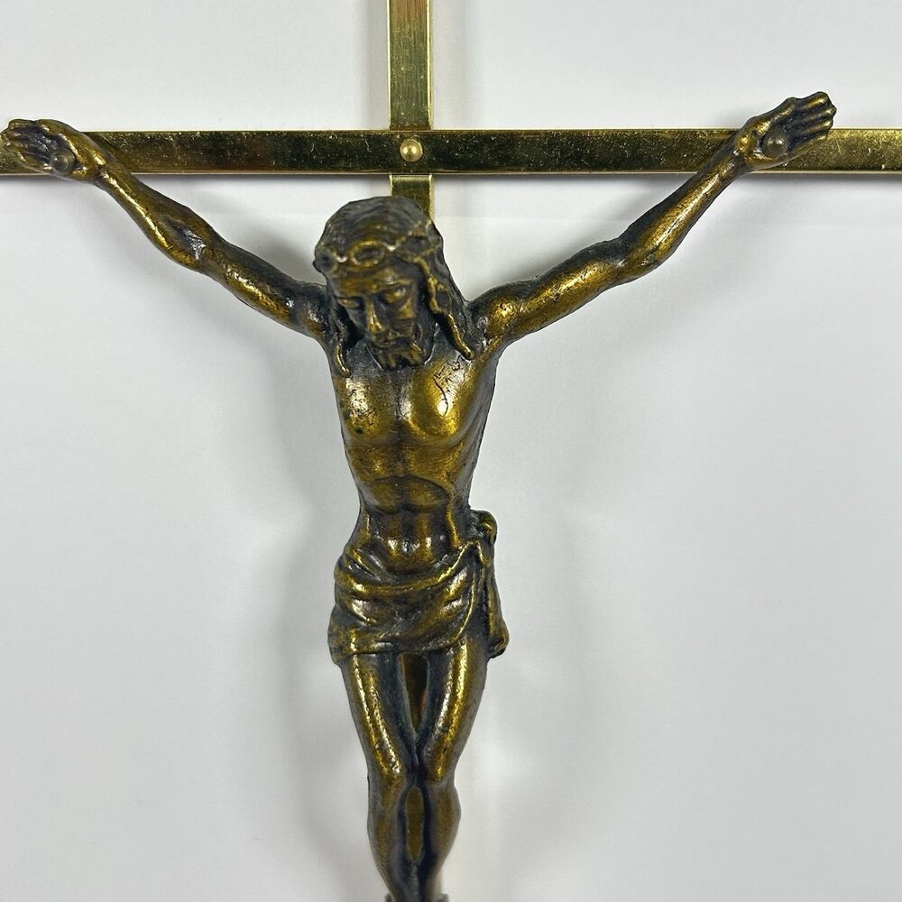 Vintage Brass Wall Crucifix Mid Century Modern Bronze Corpus Cross INRI